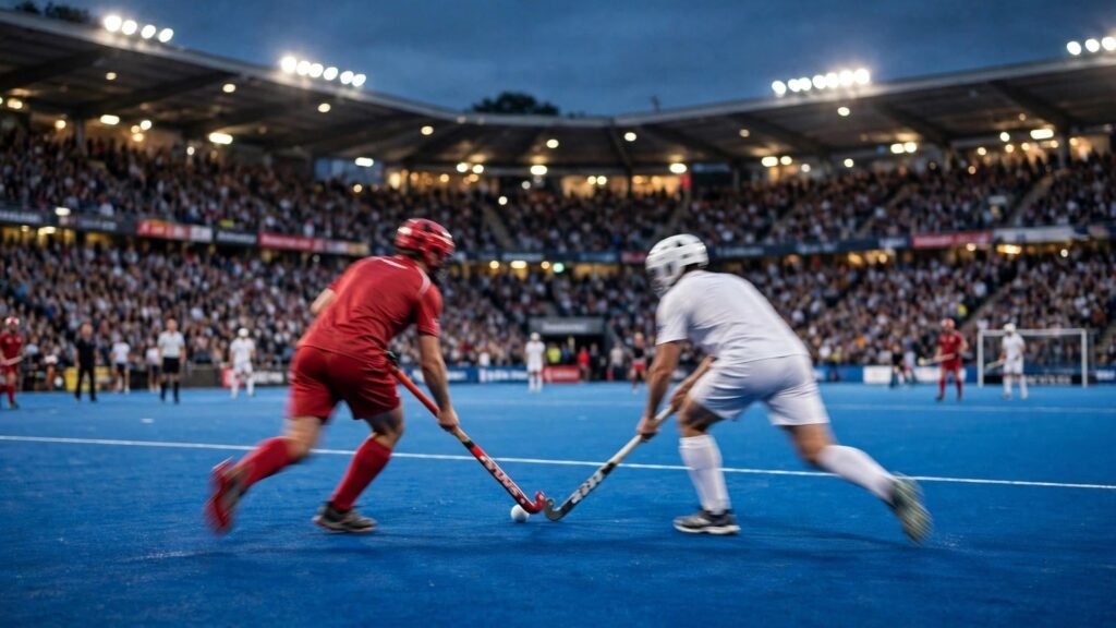 Field hockey players contesting the ball on a blue turf pitch in a packed stadium