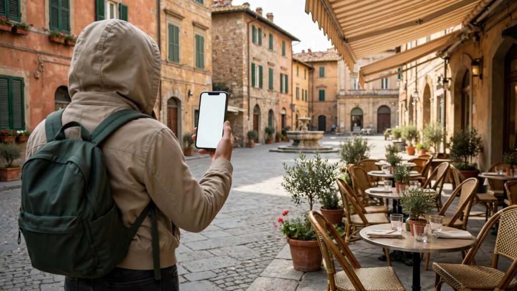 Person holding a phone in an Italian town square.