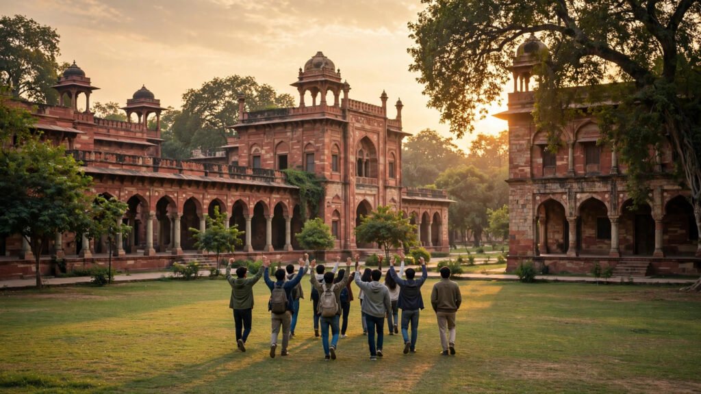 Students celebrating on a historic university campus lawn in Delhi at sunset, seen from behind