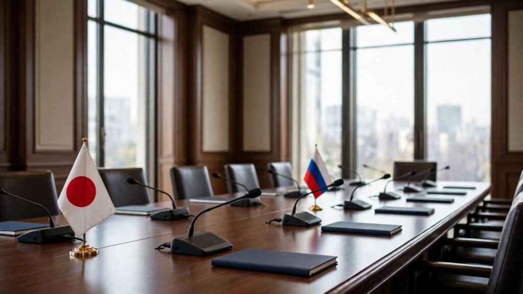 Empty diplomatic meeting room with Japan and Russia flags on the conference table