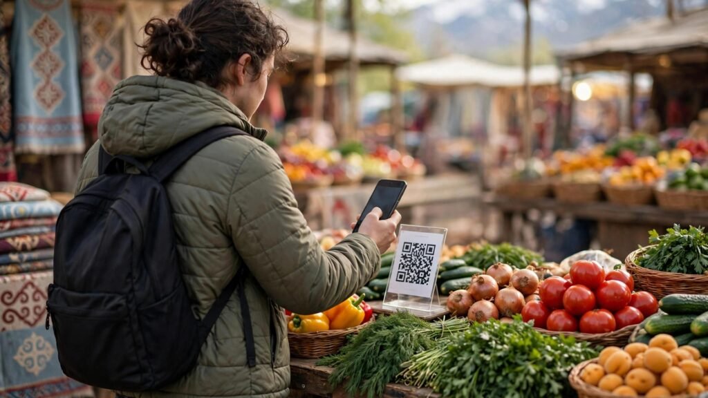 Shopper paying with a phone at a market stall QR code stand in Kazakhstan.