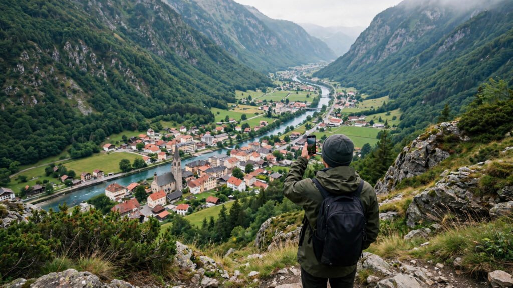 Person with phone above an Alpine valley town in Liechtenstein