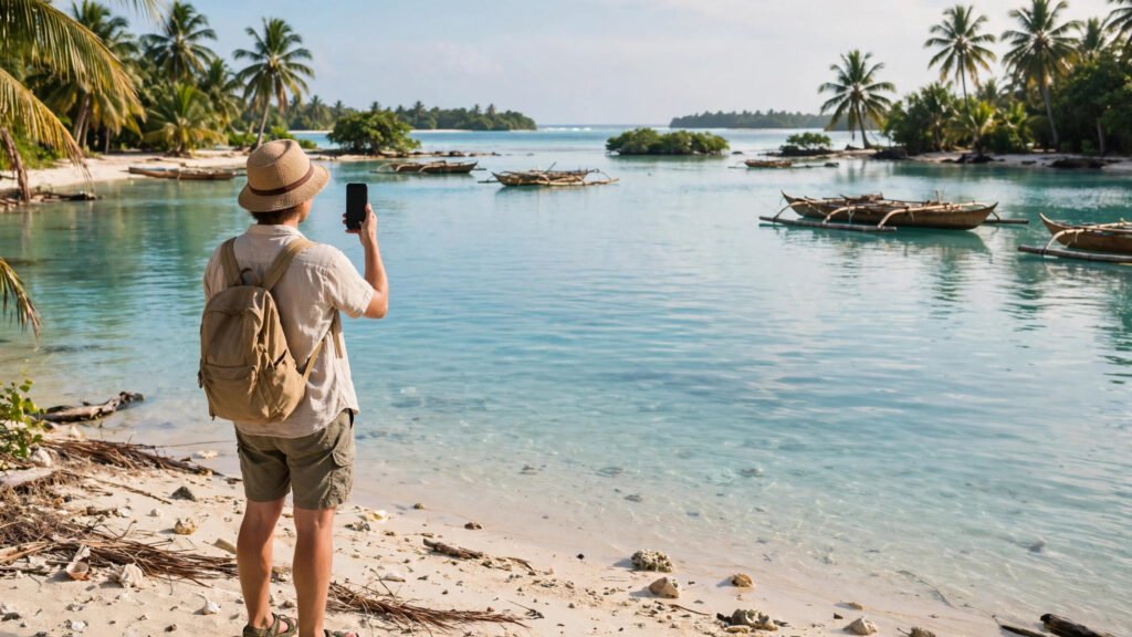 Person holding a phone on a Pacific atoll shoreline with lagoon and canoes