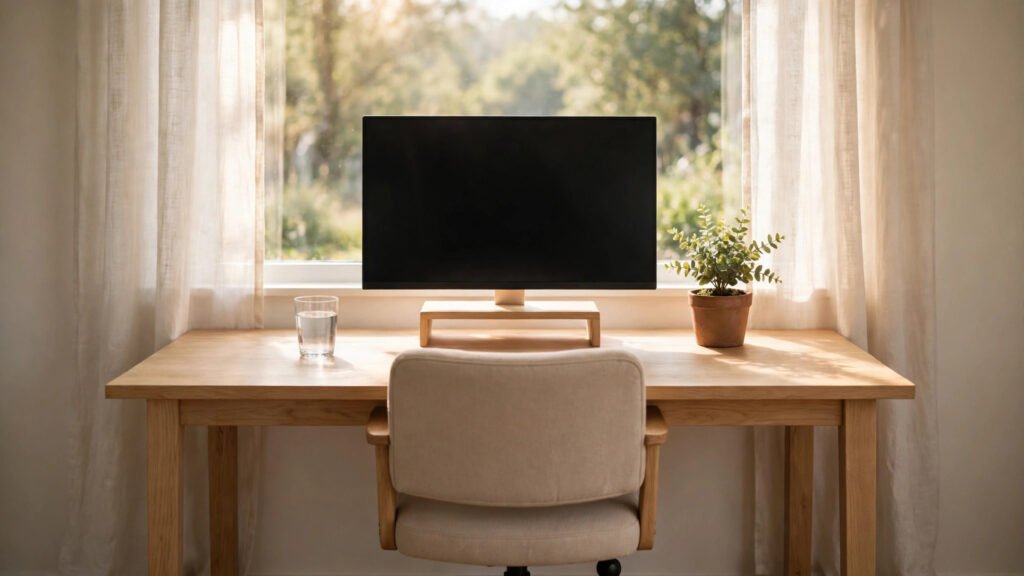 Desk setup with a monitor at eye level to reduce eye strain from screens