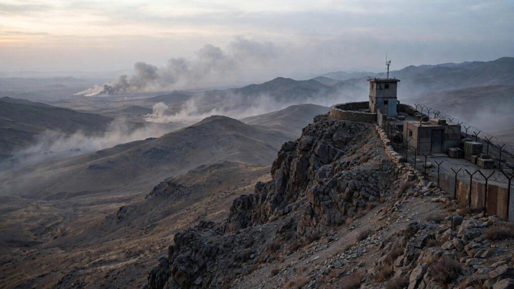 A remote mountain border post on a rocky ridge with smoke rising in the distance at dawn.