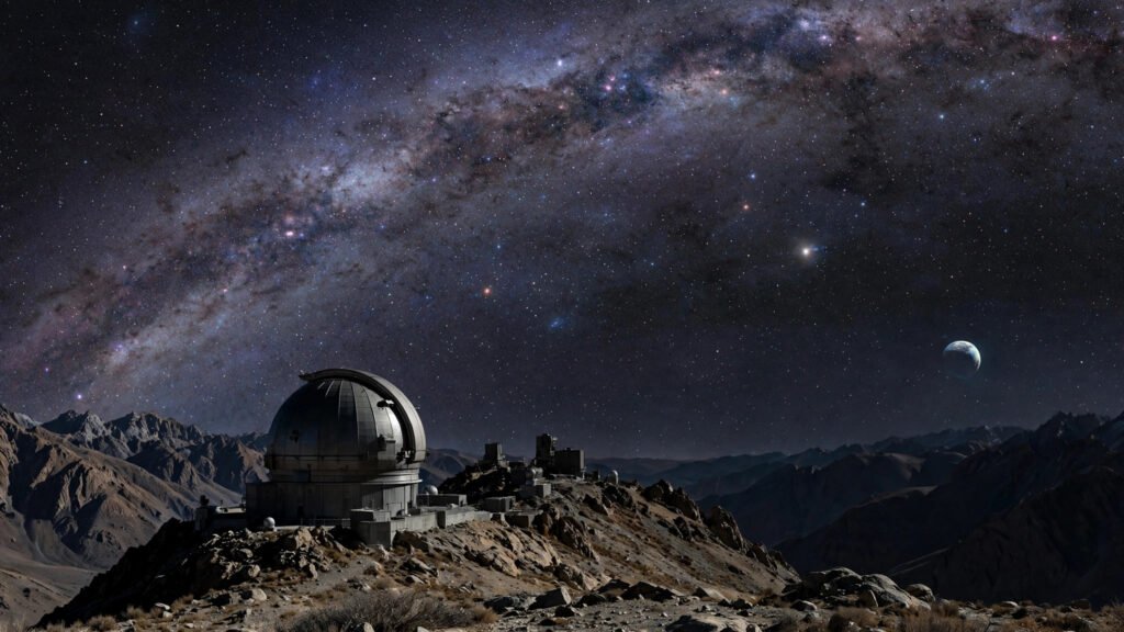 Rubin Observatory telescope dome under the Milky Way with a distant icy planet beyond Pluto