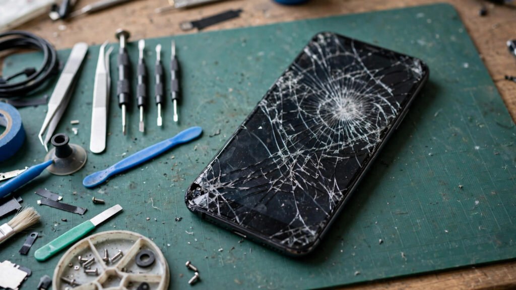 Cracked smartphone on a repair workbench with small repair tools