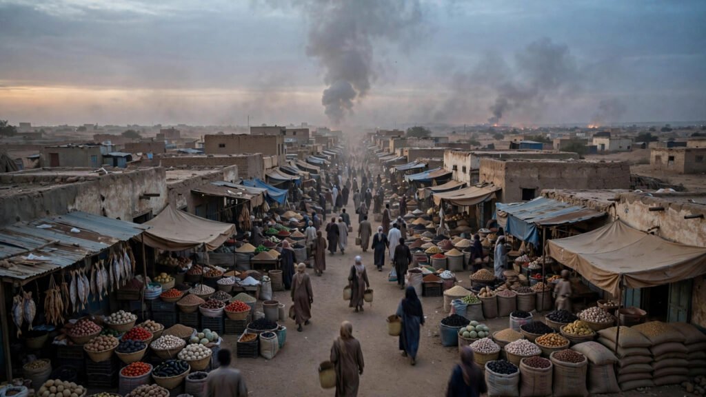 A busy market street in a Sudanese town at dusk, with smoke rising in the distance