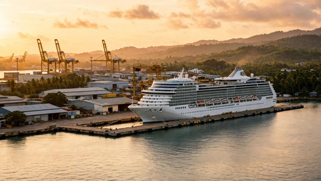 Large white cruise ship docked at a tropical port at sunset