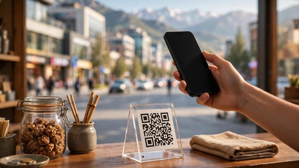 A smartphone scanning a QR code payment stand at a shop counter with a city and mountains behind