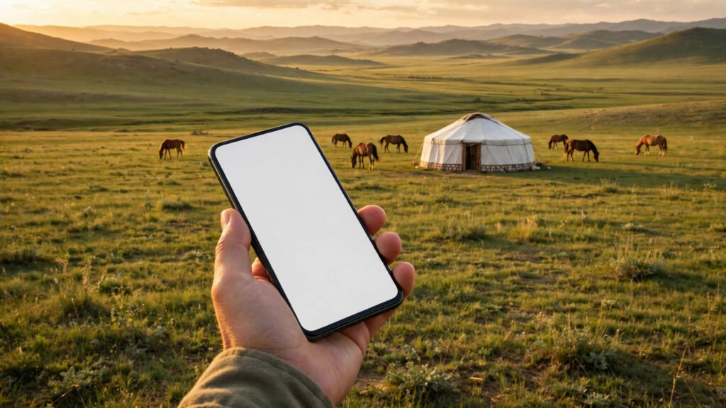 Mongolian steppe with a ger, horses, and a hand holding a smartphone