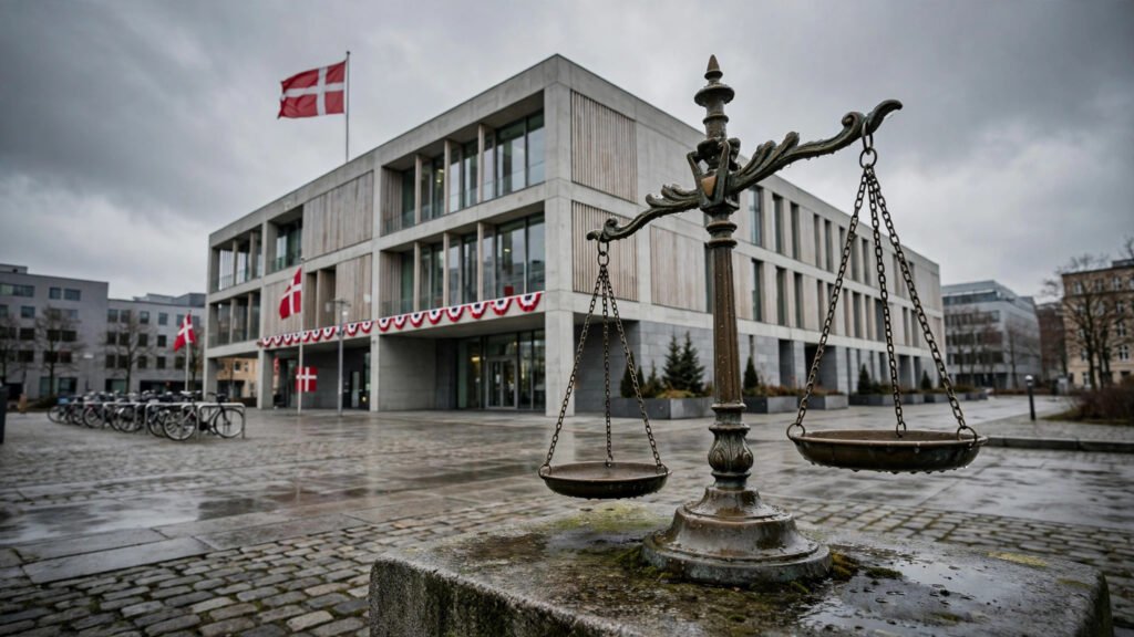 Copenhagen courthouse building with Danish flags and a scales of justice statue in the foreground.