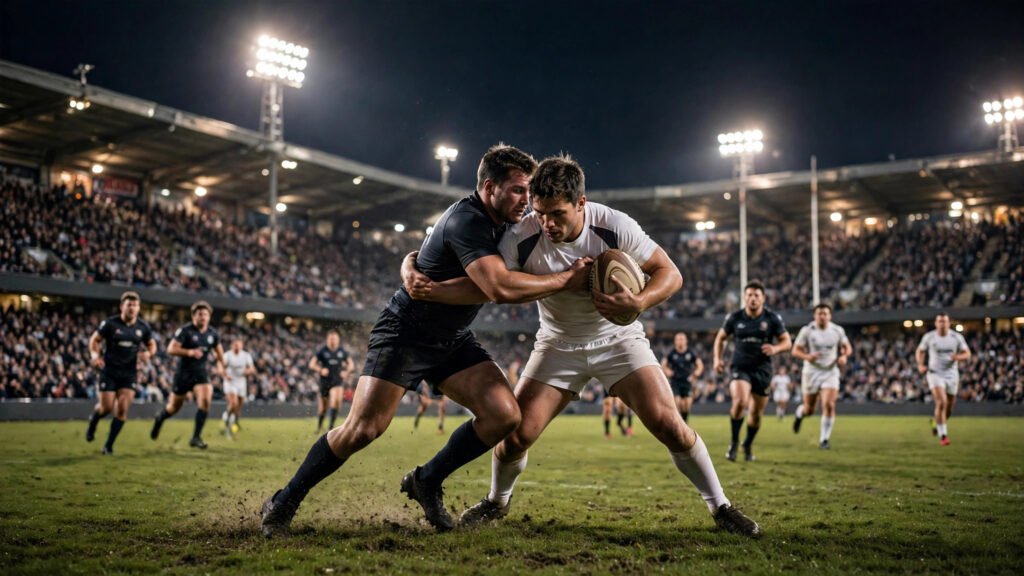 Rugby league players in a tackle under floodlights in a packed stadium at night