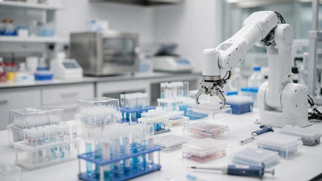 White laboratory robot arm handling microplates and test tubes on a clean lab bench