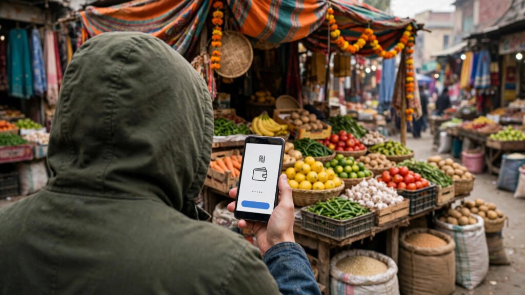 Person holding a phone with a mobile wallet app at a market stall in Pakistan