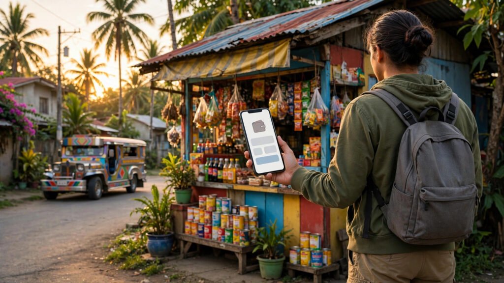 Person holding a phone with a wallet app at a colourful sari-sari shop in the Philippines, jeepney and palm trees behind.