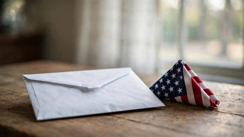 Sealed mail-in ballot envelope beside a folded American flag