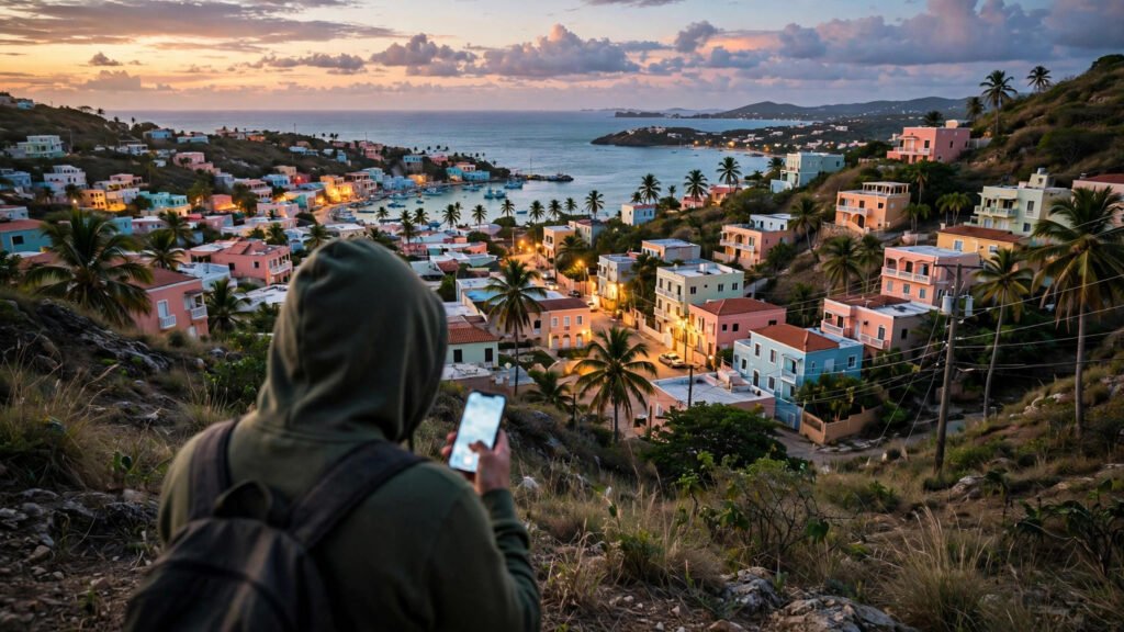 Person holding a glowing phone overlooking a colorful Puerto Rican coastal town at dusk