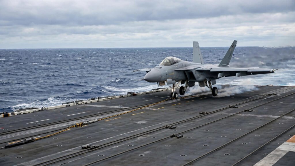 Naval fighter jet landing on an aircraft carrier deck at sea