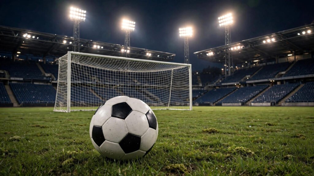 A round soccer ball on grass in front of a goal net in a floodlit stadium at night.