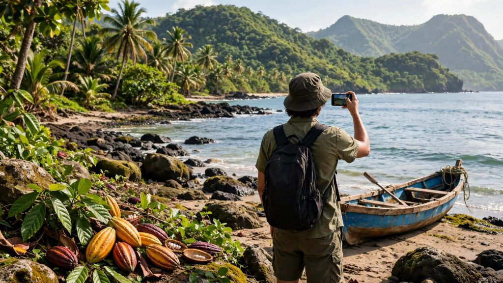 Person from behind holding a phone near cocoa pods and a fishing boat on the coast of São Tomé and Príncipe.