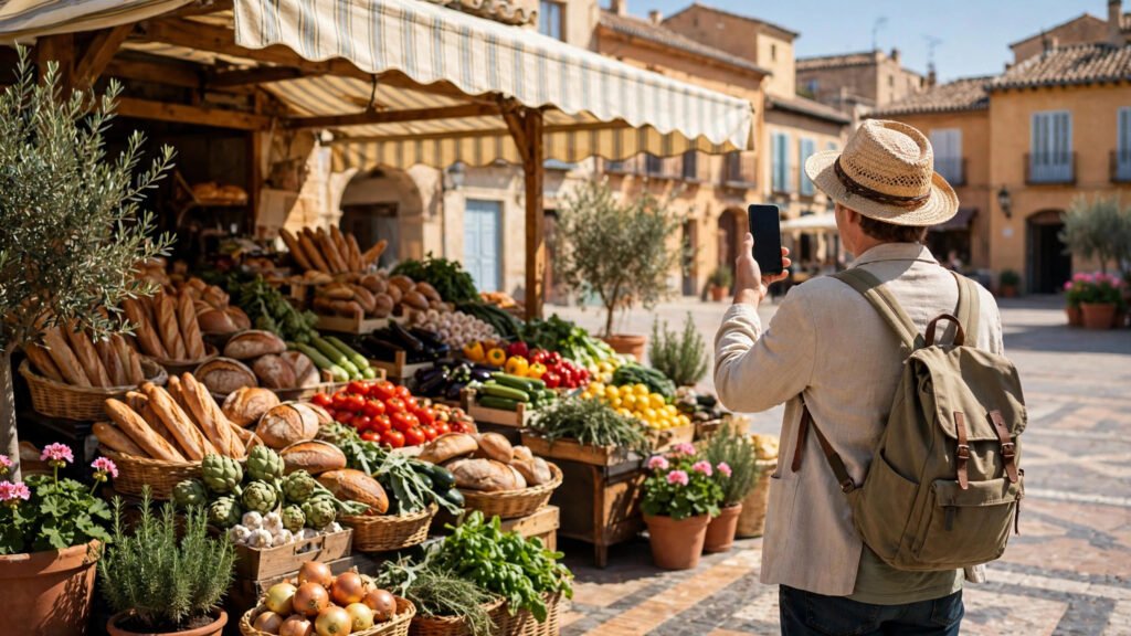 Spaniard paying with a phone at a Spanish market stall
