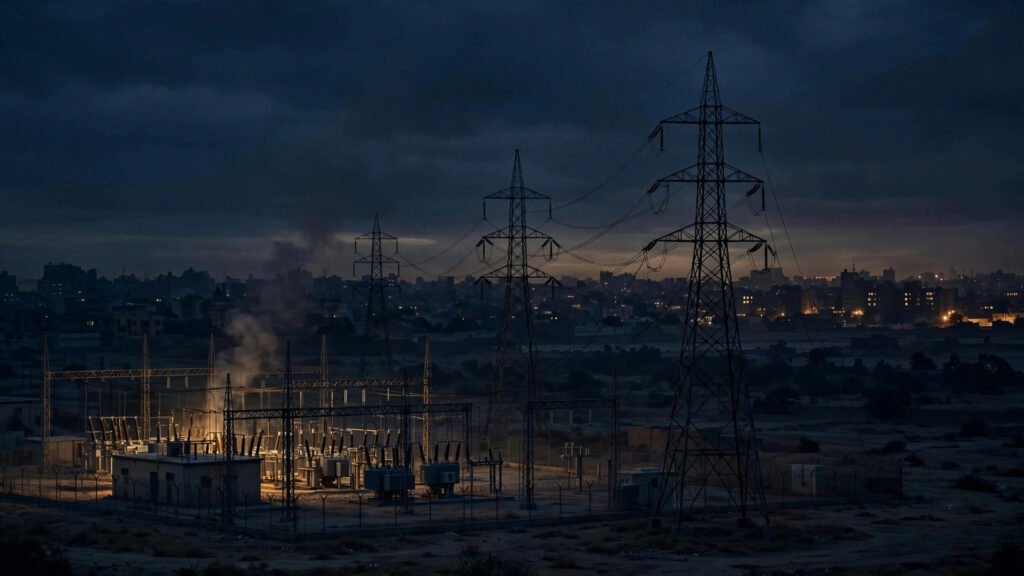 A power substation and high-voltage transmission towers silhouetted against a dark sky over a city with most lights out