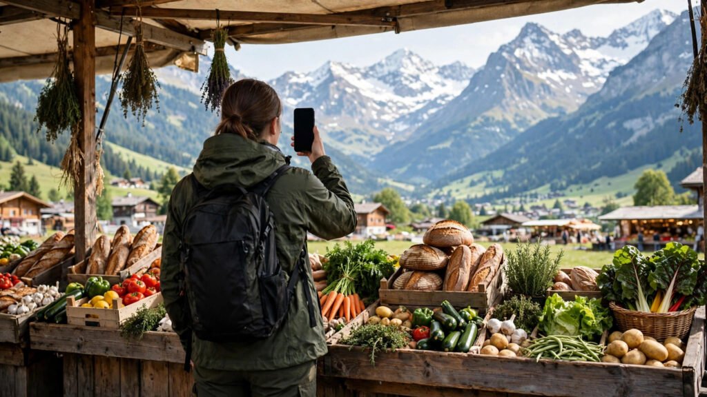 Person paying by phone at a Swiss market stall with Alpine mountains behind