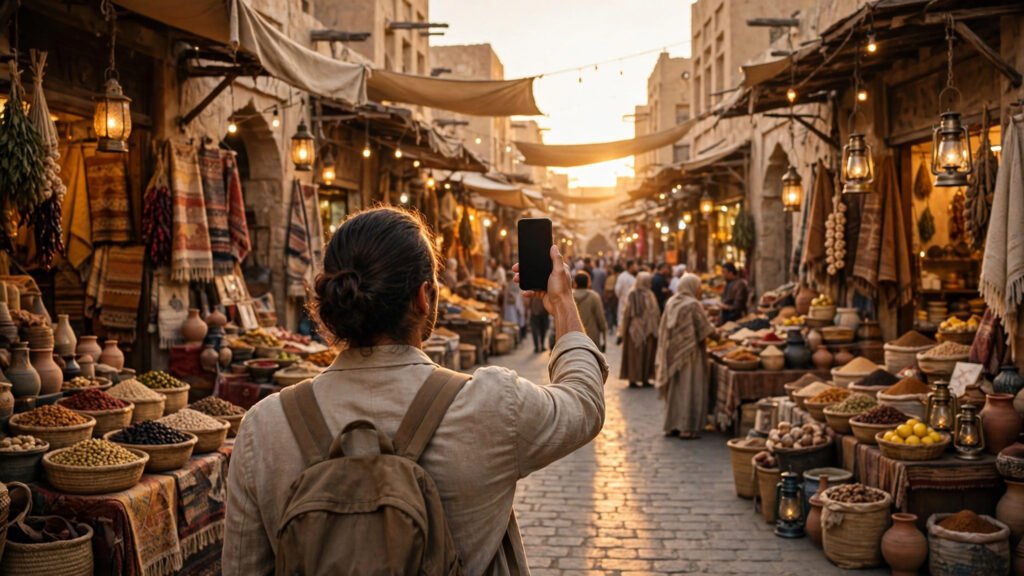 Syrian market street with a person holding a phone