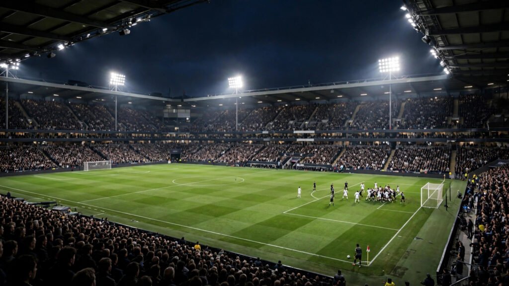 A packed football stadium under floodlights at night, with players gathered in the penalty area for a corner kick
