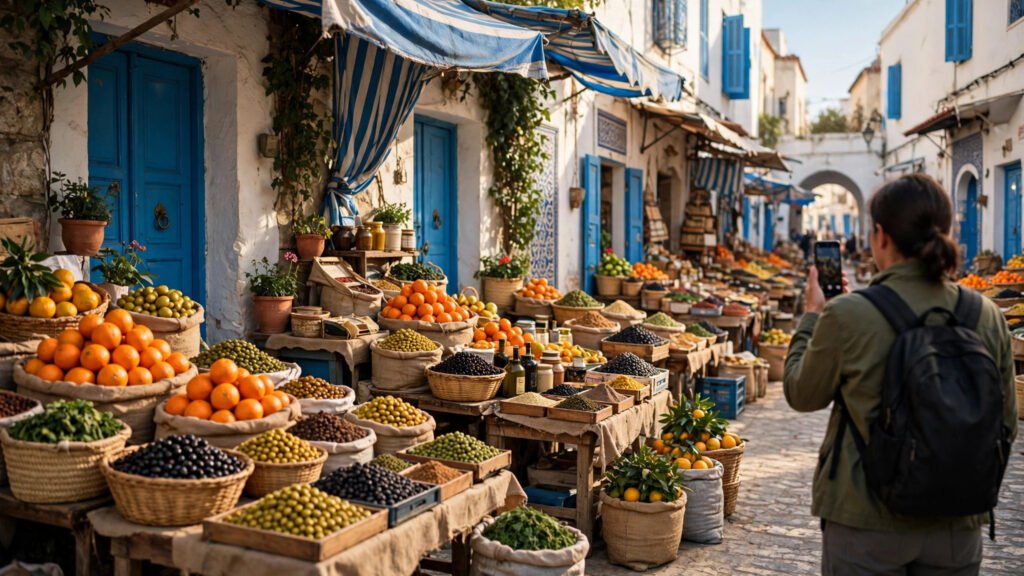 Tunisian market street with blue doors, fruit stalls and a person using a smartphone