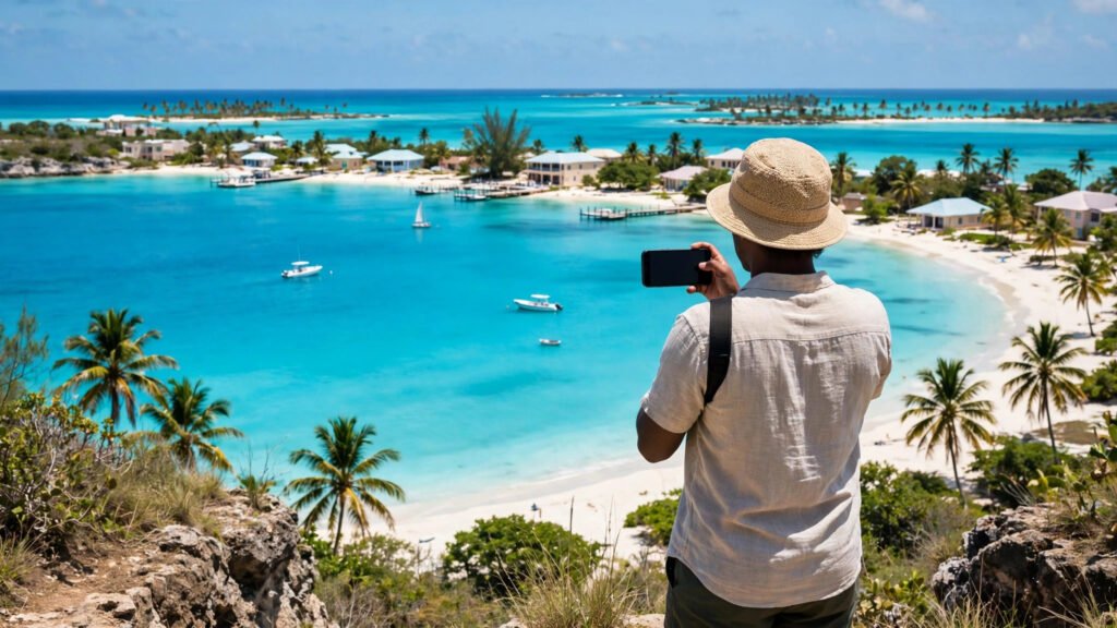 Person holding a phone overlooking a turquoise bay in the Turks and Caicos Islands