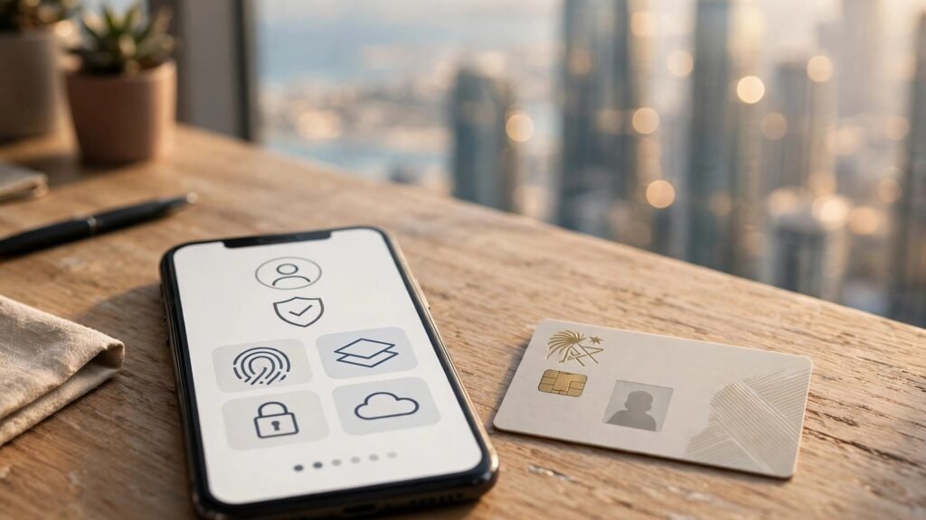 Smartphone showing a generic digital identity app beside an ID card, with a Gulf city skyline in the background.