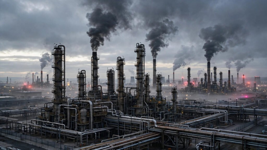 Oil refinery complex with columns of dark smoke rising into a grey sky