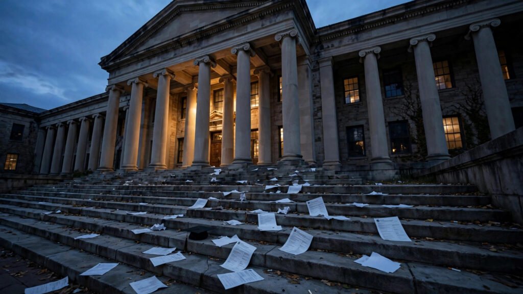 An empty university building at dusk with a graduation cap and scattered application papers on its steps