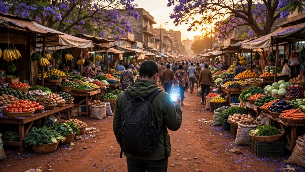Person holding a glowing phone in a busy Zimbabwean market street under jacaranda trees at golden hour